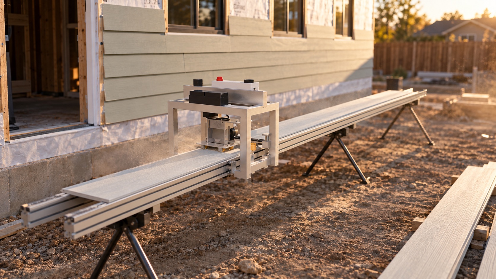 Concept image of the Haven cutter on a rail beam beside a house with fiber-cement lap siding at a jobsite