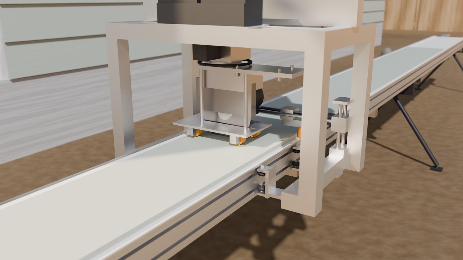 Render close-up of the collar and saw head over a fiber-cement plank on the rail beam
