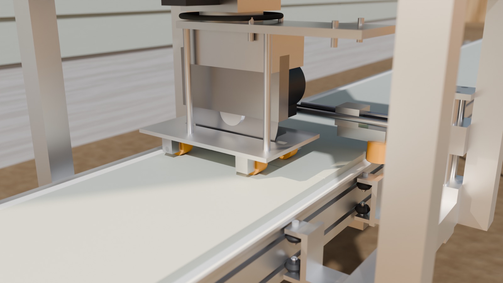 Render of the saw head and side roller riding on a fiber-cement plank