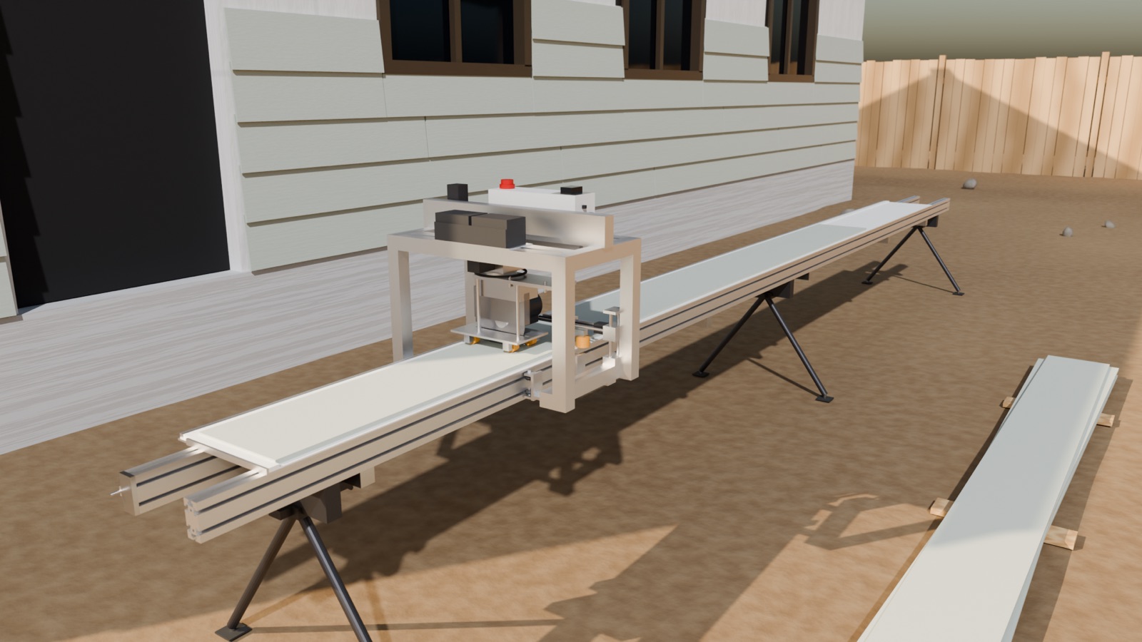 Render of the cutter: a collar gantry carrying a saw head on a rail beam with folding legs, planks on the bed, beside a sided house