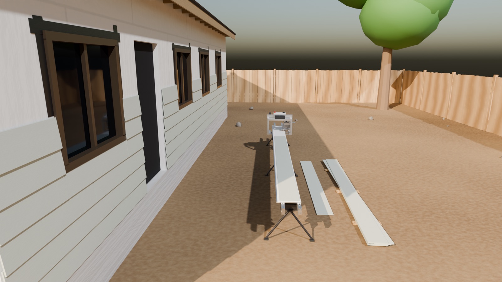 Render of the cutter beside a house with cut and uncut planks on the ground